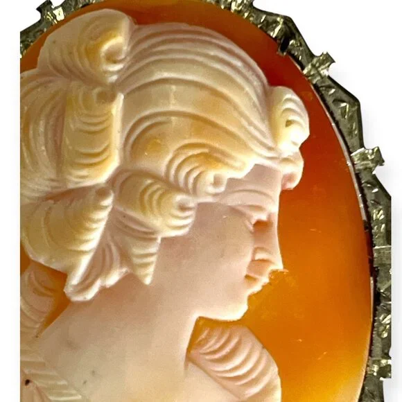 Antique Victorian Hand Carved Shell Cameo Sterling Silver Brooch Pendant 1.75" - Picture 3 of 7